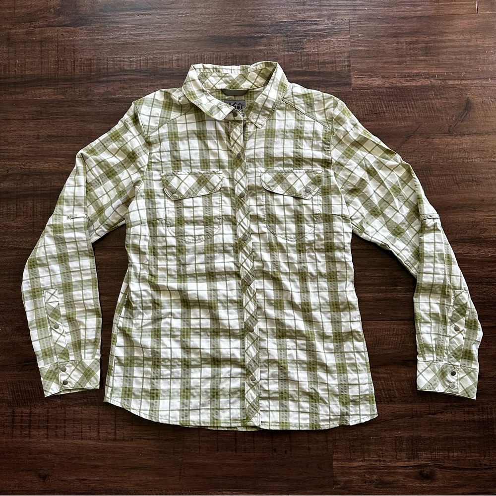 REI Co-op Women's Snap Front Northway Plaid Shirt Long Sleeve Green/White Medium